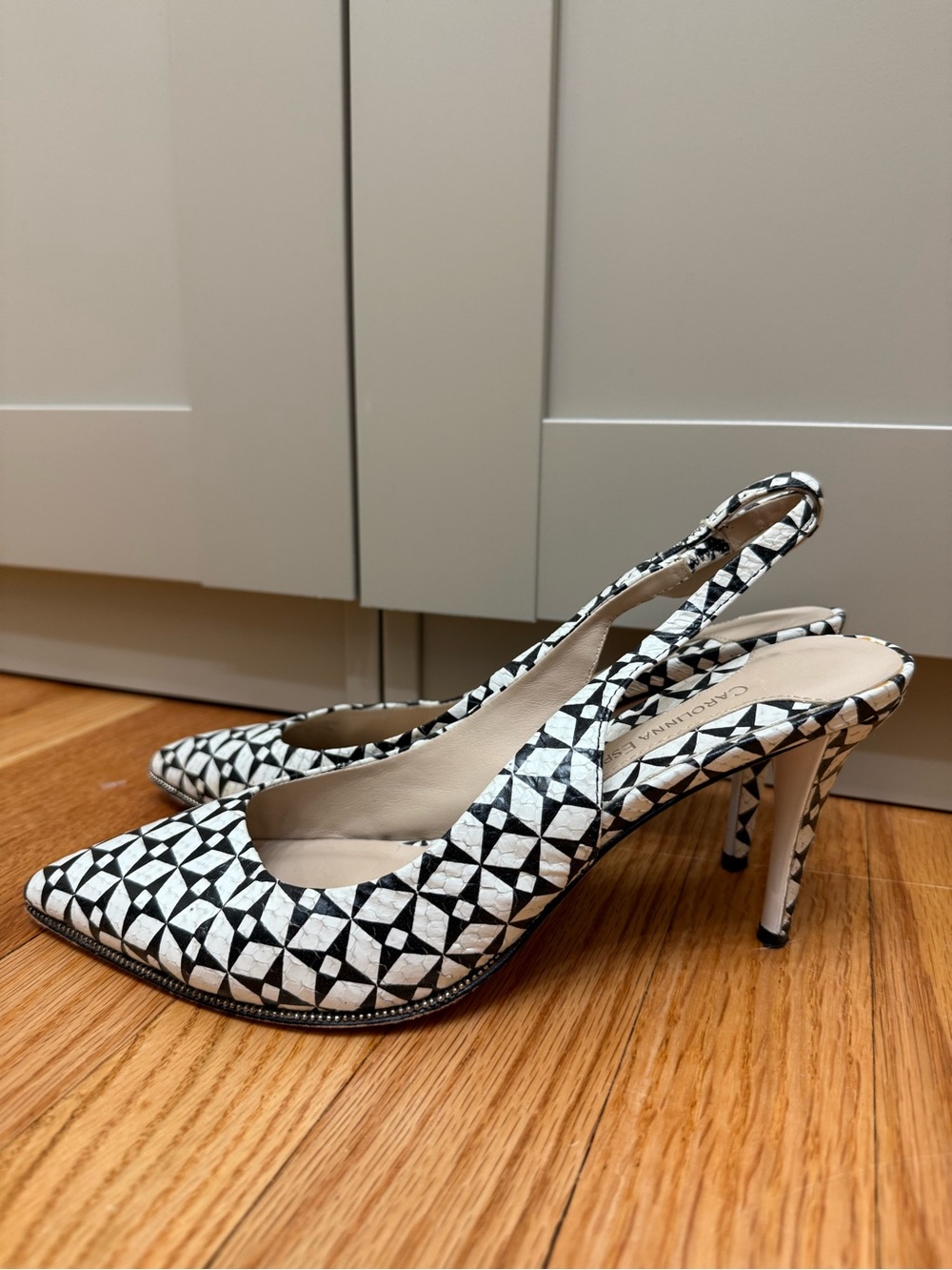 Carolinna Espinosa 8 Luxury Italian Leather Geometric Black White Slingback Heel